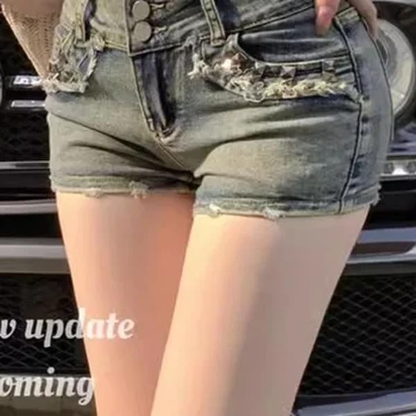 Y2K Decoração de calções vintage com rebites, calça alta de rua, calça quente azul feminina de cintura baixa, calça curta com elástico, senhora, nova