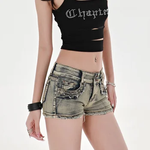 Super shorts jeans de baixo crescimento feminino, elástico, fino, magro, rebite, vintage, azul, jeans curtos, calça versátil, verão, sexy, Y2K