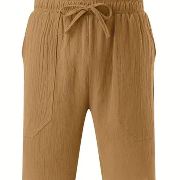 Calção de algodão e linho masculino, elástico na cintura, monocromático, respirável, diário, praia, cinco calças casuais, verão