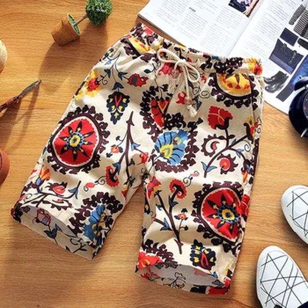 Verão Nova Boutique Flor de Algodão Linho Men's Casual Praia Shorts Men's Confortável Respirável Lazer Shorts Masculino