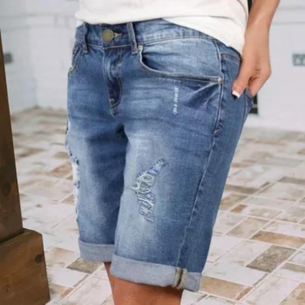 Shorts jeans vintage azul buraco feminino, jeans na altura do joelho, cintura alta, bolsos finos, moda verão, novo, 2024