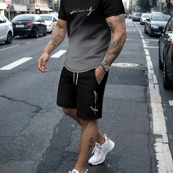 Terno casual de verão masculino, camiseta confortável e solta, shorts para esportes ao ar livre, nova impressão de texto, moda de rua, novo, 2024
