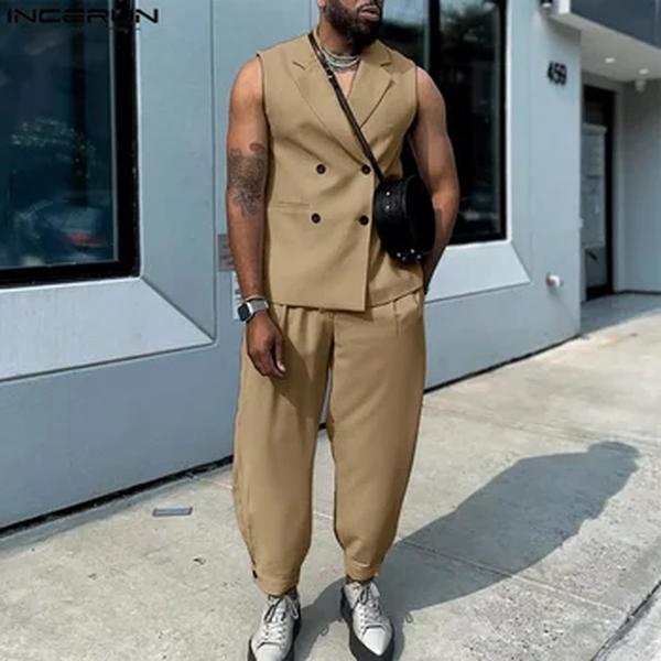 Incerun-Coletes e calças sem mangas de lapela para homens, streetwear monocromático, trespassado, ternos casuais, S-5XL, 2PCs, moda 2021, 2PCs