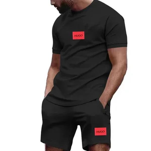T-shirt Hugo e shorts conjunto de treino masculino com duas peças, roupa esportiva casual, fitness, moda jogging, algodão de manga curta, verão