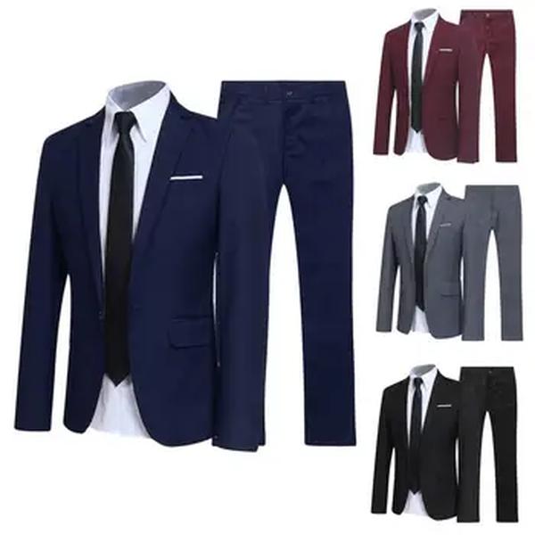 Conjunto de terno formal masculino, botões da moda, blazer bolsos, gola de corte, namoro