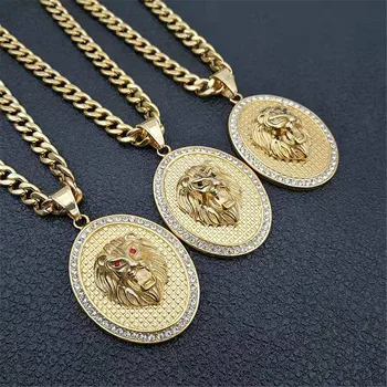 Colar de pingente de cabeça de leão, colar masculino hip hop, iced out, aço sem ferro, cor dourada, animal, joias masculinas