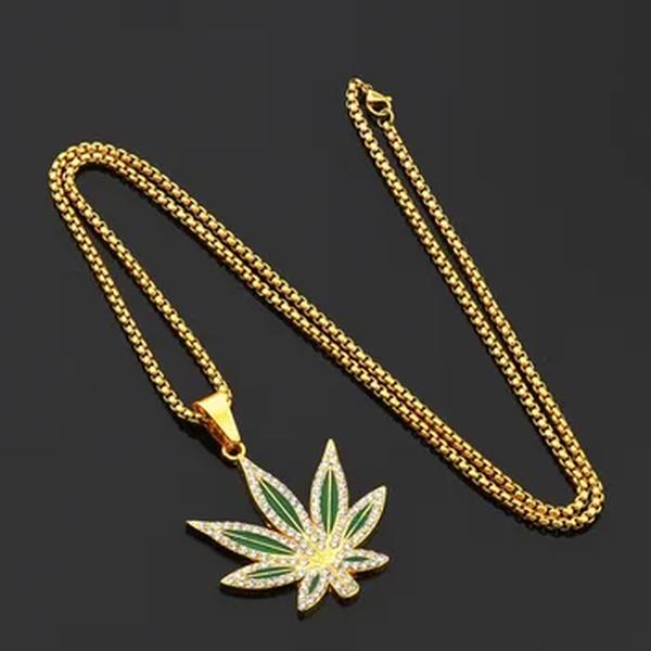Colar pingente Rhinestone Weed para homens, colares de folhas de bordo, correntes douradas para meninos, jóias Steampunk
