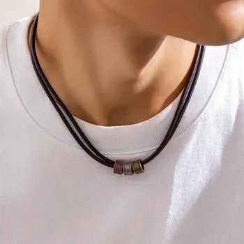 Colar gargantilha de couro PU vintage para homens, contas de metal, colarinho na moda no pescoço, acessórios, joias da moda, presente masculino, 2023