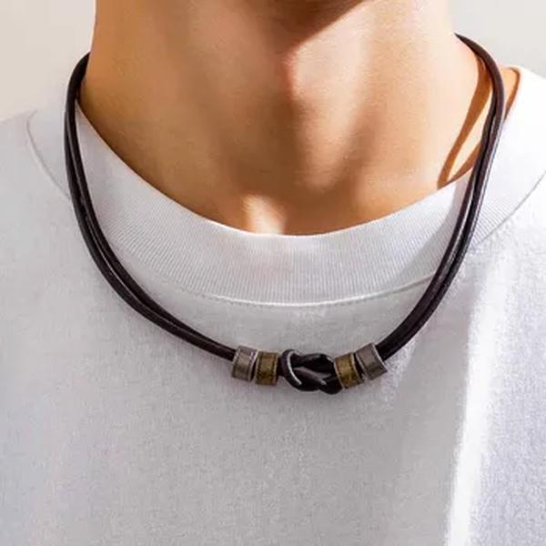 Colar gargantilha de couro PU vintage para homens, contas de metal, colarinho na moda no pescoço, acessórios, joias da moda, presente masculino, 2023