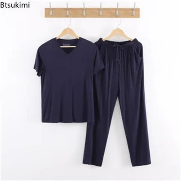 Conjuntos de pijama casual masculino, calças e manga curta modal extragrande, pijamas masculinos, roupas macias e soltas para casa, novo, 2022