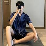 Pijama novo Verão Para Homem Tamanho Grande Seda Mens Pijama Conjuntos Shorts De Cetim Manga Curta Sleepwear Casa Pijama Night Wear Loungewear