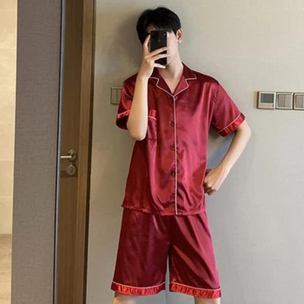 Pijama novo Verão Para Homem Tamanho Grande Seda Mens Pijama Conjuntos Shorts De Cetim Manga Curta Sleepwear Casa Pijama Night Wear Loungewear