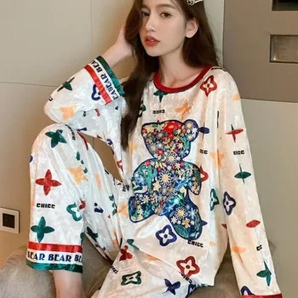 Conjunto de pijama de urso de veludo dourado feminino, gola redonda, veludo coreano, calças de cabelo, roupas domésticas, sentido premium, cor, novo, outono, inverno
