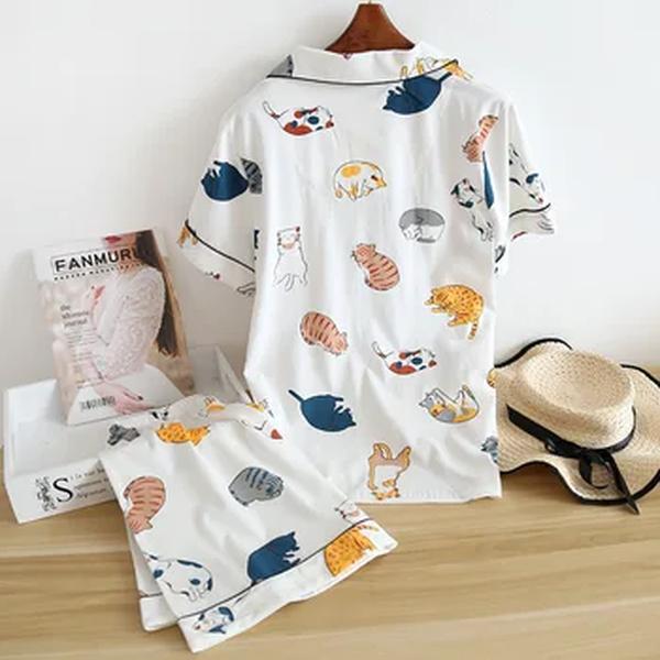 Conjunto de pijama feminino de manga curta, 100% algodão, bonito desenho animado, pijama japonês simples para senhoras, novo