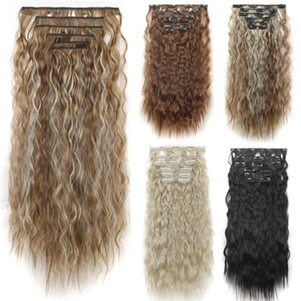 16 Clipes Clipe Na Extensão Do Cabelo Longo Ondulado Perucas Sintéticas Para As Mulheres 6 Pçs/Set 20 Polegada Corn Curly Fake Hairpiece Calor Resistant Fiber