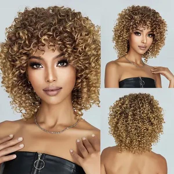 Perucas sintéticas encaracoladas para mulheres, cabelo curto e encaracolado, cabelo afro sem cola, castanho e loiro, cabelo cosplay