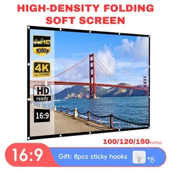 Tela portátil do projetor, tela de projeção 4K, tela de filme ao ar livre para viagens, Home Theater e Theater, 100 pol, 120 pol, 150 pol, 16:9