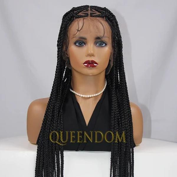 Queendom-Knotless Full Lace Trança Peruca para Mulheres, Jumbo Sintético, Coração Trançado, Cornrow Plait, Afro, 36"