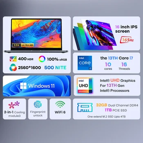 Ninkear-Laptop para jogos com Intel Core i7-13620H, N16 Pro, 16 polegadas, 2,5 K, tela 165Hz, 32GB DDR4, 1TB, SSD, WiFi 6, Intel UHD Graphics