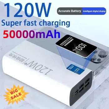 Banco de Potência Display Digital, 50000mAh, Carregamento Super Rápido, 120W Alta Capacidade, Capacidade Suficiente para iPhone, Xiaomi, Huawei