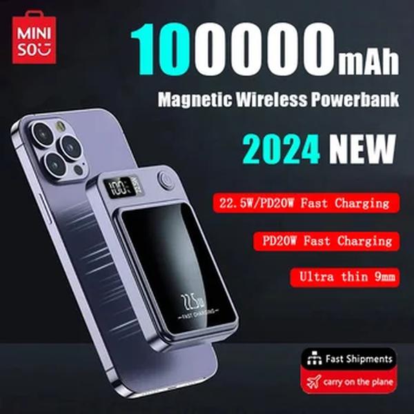 Mini-Wireless Magnetic Qi Power Bank, Powerbank Portátil, Mini Carregador Rápido, Tipo C, iPhone, Samsung, MaCsafe, Novo, 100000mAh, 24