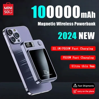Mini-Wireless Magnetic Qi Power Bank, Powerbank Portátil, Mini Carregador Rápido, Tipo C, iPhone, Samsung, MaCsafe, Novo, 100000mAh, 24