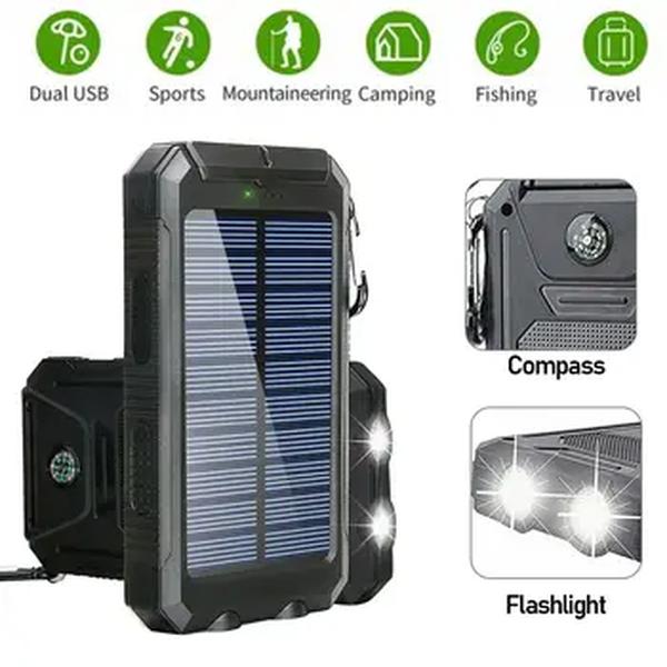 Banco de energia solar impermeável ao ar livre, 2USB LED carregador de bateria para celular com fivela, 20000mAh, novo