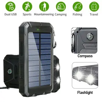 Banco de energia solar impermeável ao ar livre, 2USB LED carregador de bateria para celular com fivela, 20000mAh, novo