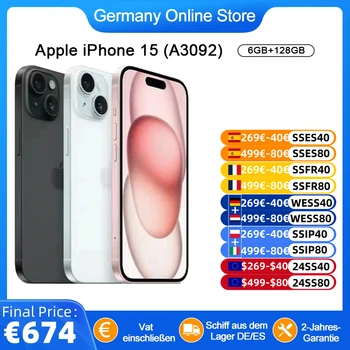 Apple-iPhone 15A3092 Smartphone, Original, Brand New, 6GB, 128GB, 6,1 "Display OLED, Câmera de 48MP, IP68, Dual SIM, 3349mAh Bateria