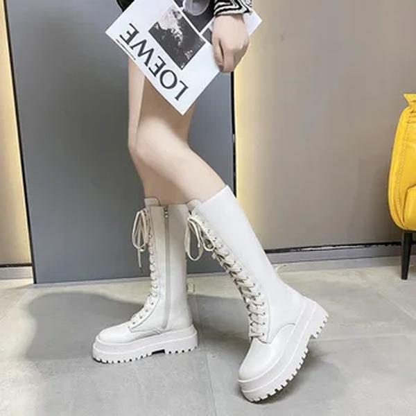 Botas de cavaleiro espessadas para mulheres, altura do joelho, longo, salto quadrado, retro, motocicleta, preto, branco, inverno, novo, 2021