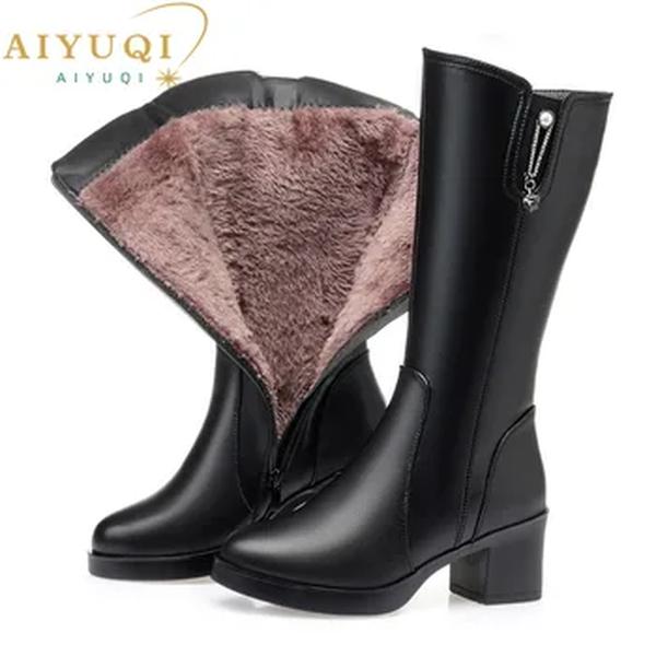 AIYUQI-Botas de equitação de couro genuíno feminino, Wram de lã, botas longas, tamanho grande 42 43, novo, Inverno 2022