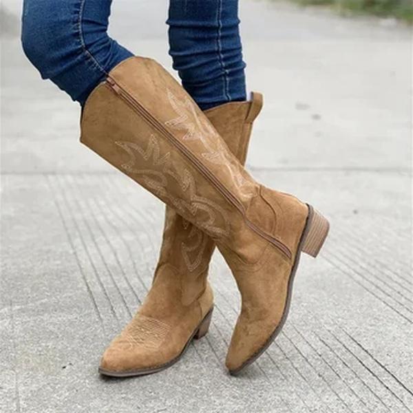 Botas de vaqueiro ocidentais bordadas para mulheres, dedo apontado, Salto grosso, Botas altas de joelho, Botas longas soltas de couro PU, Outono