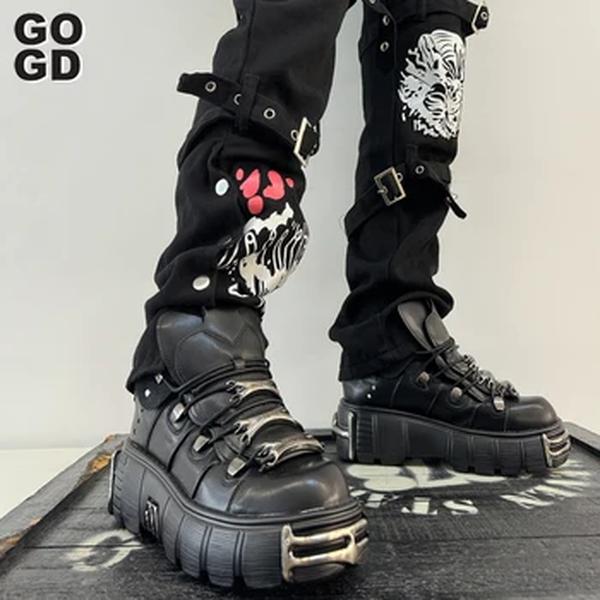 Gogd marca de moda feminina plataforma tornozelo botas 2023 novo estilo punk escuro saltos altos decoração metal design y2k sapatos góticos ins