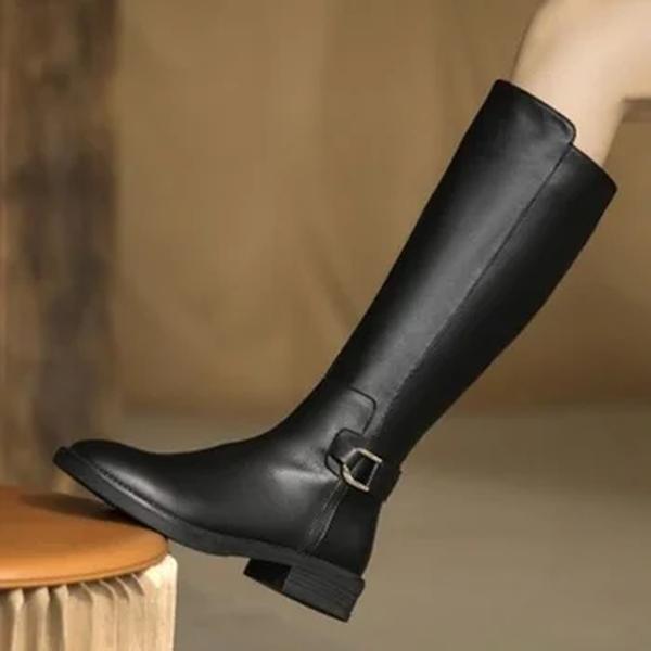 New Pu Botas de Joelho de Couro para Mulheres Sapatos Fivela Metal Decoração Moda Ao Ar Livre Calçado Das Senhoras Tamanho 34-41 Long Black Botas
