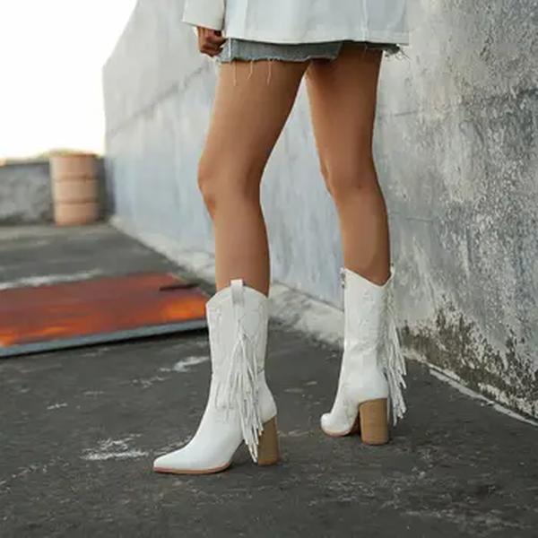 Botas de salto grosso e branco feminino com borla, manga média, moda ocidental, ao ar livre, novo, outono e inverno, LS936