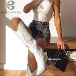 Botas altas de joelho ocidentais bordadas para mulheres, vaqueiro e vaqueira, salto robusto, sapatos de plataforma, plus size 45