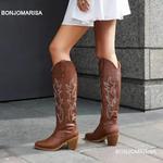Botas altas de joelho ocidentais bordadas para mulheres, vaqueiro e vaqueira, salto robusto, sapatos de plataforma, plus size 45