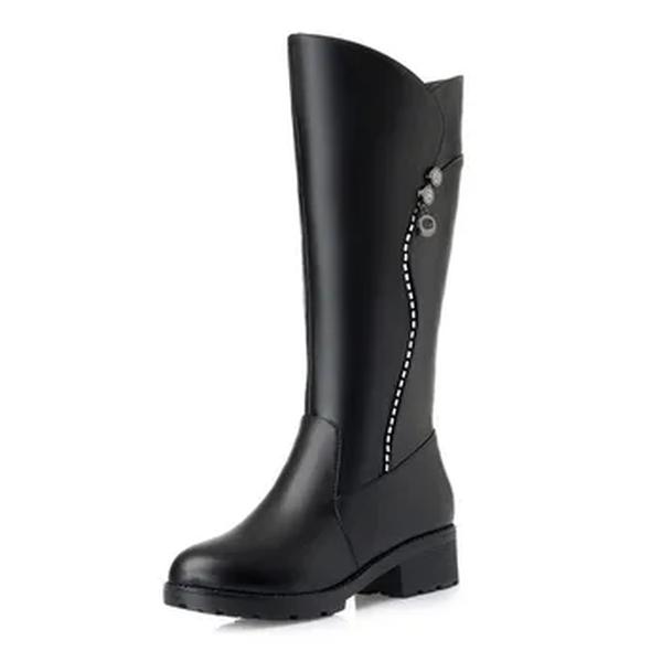 WOIZGIC-Botas de salto médio de couro genuíno para mulheres, botas de neve, lã, pelúcia, quente, inverno, zíper, plus size, 42, 43