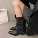 Botas góticas de bezerro médio com rebite feminino, salto grosso retrô, sapato de cowboy ocidental, dedo do pé baixo, rock, novo, outono, inverno, 2023