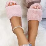 Chinelos peludos antiderrapantes para mulheres, apartamentos interiores casuais, sapatos de chão, chinelos femininos, quentes, monocromáticos, inverno, casa