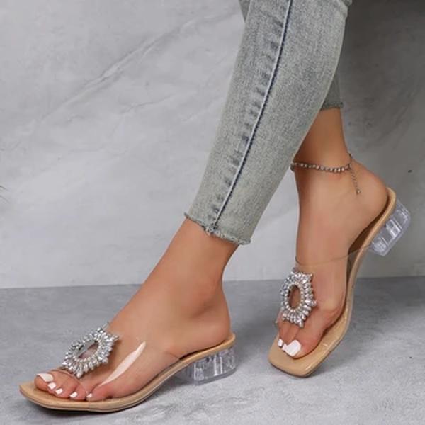 Chinelos transparentes de strass para mulheres, sapato de salto médio com dedo aberto, tamanho grande, nova moda quente, 2024