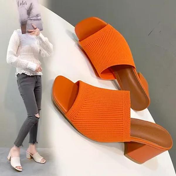 Sandália feminina de salto alto flyknit, salto grosso respirável, chinelos de dedo aberto, tamanho grande, nova moda, verão, 2024