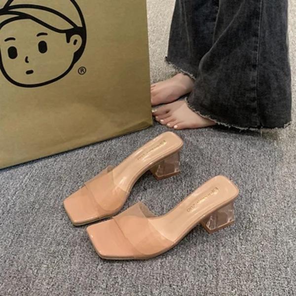 Chinelos de salto transparente para mulheres, plus size, sandálias de PVC claras, deslizamento, sapatos de festa de salto alto, novo, verão, 2024