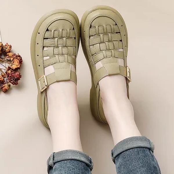 Apartamentos tecidos artesanais para mulheres, sapatos de salto baixo, couro genuíno, mocassim de conforto, T Strap, fivela, larga, outono