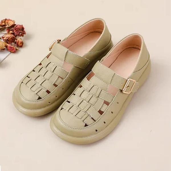 Apartamentos tecidos artesanais para mulheres, sapatos de salto baixo, couro genuíno, mocassim de conforto, T Strap, fivela, larga, outono