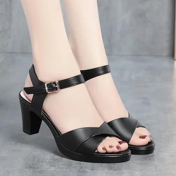 Sapatos de salto alto Peep Toe de couro macio para mulheres, salto grosso casual, plataforma impermeável, peso leve, confortável, mãe, verão