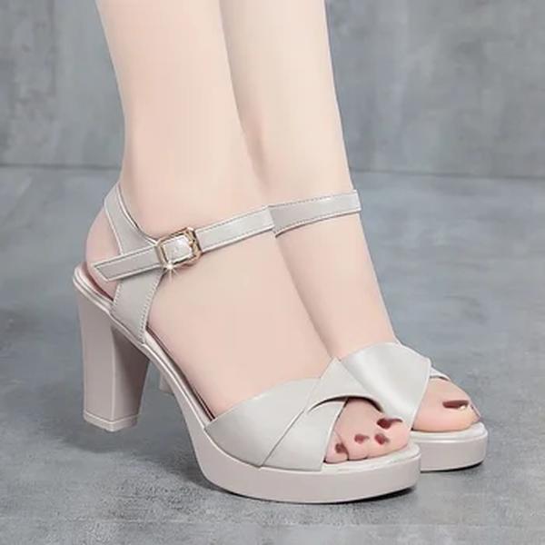 Sapatos de salto alto Peep Toe de couro macio para mulheres, salto grosso casual, plataforma impermeável, peso leve, confortável, mãe, verão