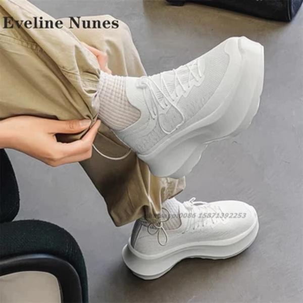 Tênis brancos com cordões para mulher, calçados esportivos casuais, com dedo do pé redondo, patchwork, malha, cor sólida