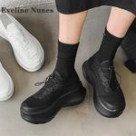 Tênis brancos com cordões para mulher, calçados esportivos casuais, com dedo do pé redondo, patchwork, malha, cor sólida