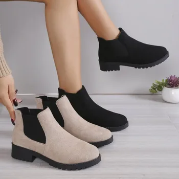 Botas elásticas para mulheres, botas de plataforma de dedo do pé redondo, sapatos casuais de fundo plano para senhoras, salto quadrado, primavera e outono